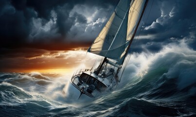 Photo of a sailboat battling through stormy waves in the open ocean - obrazy, fototapety, plakaty
