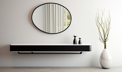 Photo of a white vase and mirror on a wall