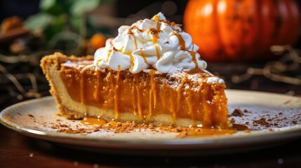 exquisite close-up shot of a slice of pumpkin pie 