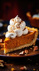 exquisite close-up shot of a slice of pumpkin pie 