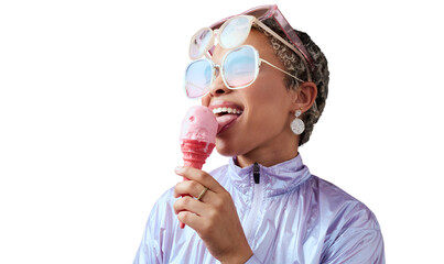 Fashion, ice cream and black woman with sunglasses, smile and model isolated on a transparent...