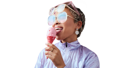 Fashion, ice cream and black woman with sunglasses, smile and model isolated on a transparent background. Eyewear, happy and girl with frozen dessert, clothing and funky with trendy outfit and png