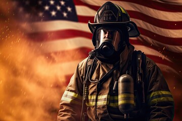 fireman in full gear with american flag in the background - created using generative AI tools
