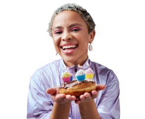Portrait, smile and woman with a birthday cake, party or celebration isolated on a transparent background. Girl, person or model with happiness, png and cupcake candles with food, snack and cheerful