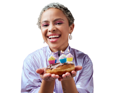 Portrait, smile and woman with a birthday cake, party or celebration isolated on a transparent background. Girl, person or model with happiness, png and cupcake candles with food, snack and cheerful