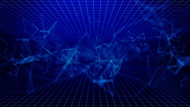 Abstract Blue Plexus Digital Color Wave Triangulation Shapes on digital wave flowing particles dance motion wave light abstract background. Cyber or technology. Science, medicine, technology concept