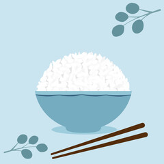 Rice bowl icon sign with chopsticks on blue background vector illustration.