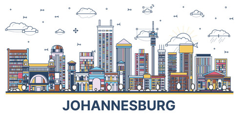 Obraz premium Outline Johannesburg South Africa City Skyline with Colored Modern and Historic Buildings Isolated on White.