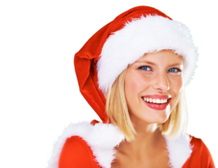 Christmas, face and portrait of happy woman with santa hat for festive, tradition or holidays. Costume, smile and headshot of excited girl model from Australia isolated by transparent png background.