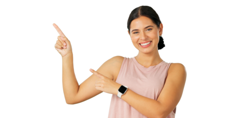 Portrait, pointing and review with a brand ambassador woman isolated on a transparent background. Smile, contact and information with a happy young female person on PNG for a promotion coming soon