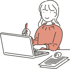 コンピューターを使用しながら資料をまとめるビジネスウーマンや大学生のシンプルな線画のベクターイラスト