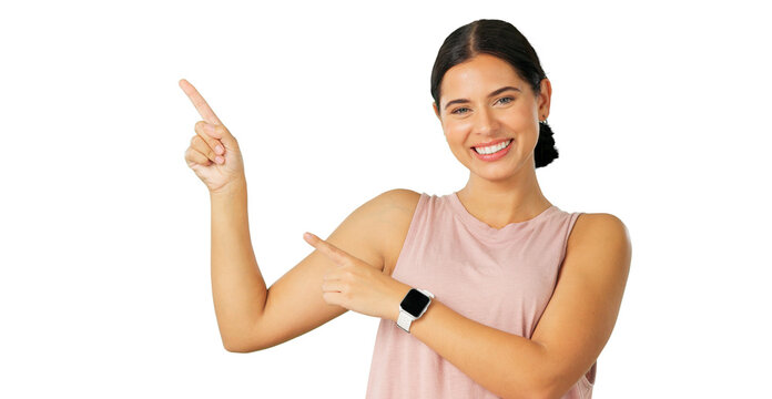 Portrait, pointing and review with a brand ambassador woman isolated on a transparent background. Smile, contact and information with a happy young female person on PNG for a promotion coming soon