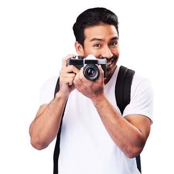 Portrait, travel and man with a camera, photography and cameraman isolated on a transparent, png background. Paparazzi person with retro media, journalist and vintage photographer with inspiration