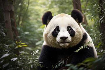 Fotobehang Portrait of a panda in the forest. © Vishani 