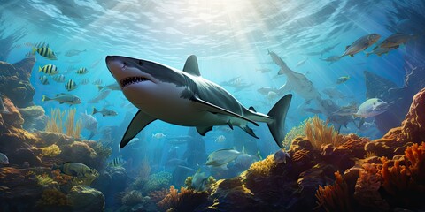 Fototapeta premium Visualization of the amazing size of sharks in coral reefs
