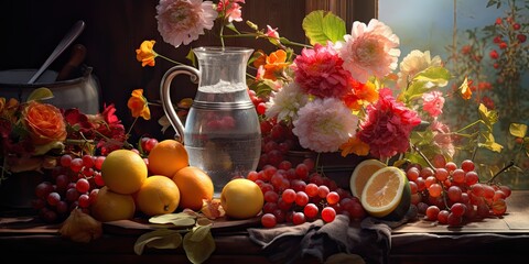 Fototapeta na wymiar Create an image of a still life with flowers, fruit and a jug.
