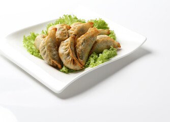 deep fried pork chicken dumpling guo tie jiaozi dim sum in plate on white background appetiser food snack halal menu for Hong Kong cafe