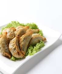 deep fried pork chicken dumpling guo tie jiaozi dim sum in plate on white background appetiser food snack halal menu for Hong Kong cafe