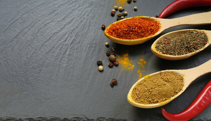Curry and chili pepper spices, wooden spoons, black stone background, food background, top view