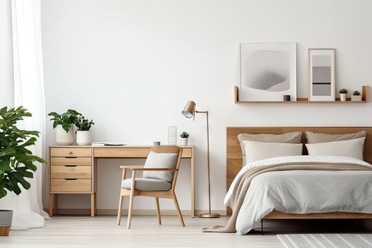 Modern home office with wooden desk Bedroom and office chair against a white wall. The Scandinavian interior design of the modern living room with a comfortable workplace