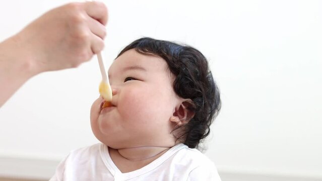 離乳食を食べる赤ちゃん（0歳、生後7カ月、日本人、男の子）