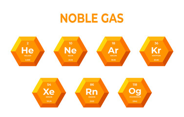 Chemical elements of noble gas in hexagons. Mendelev table elements in hexagons for learning and education for young children.