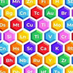 Chemical elements in hexagons vector illustration. Elements of mendelev table in hexagons pattern for wallpaper and background.