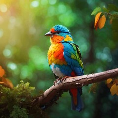 Colorful bird sits on a branch with a person's hand.