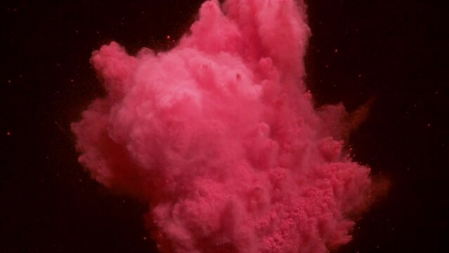 red Colorful powder, Powder exploding against black background. Shot with high speed camera, slow motion of coloured powder collision isolated on black background. 