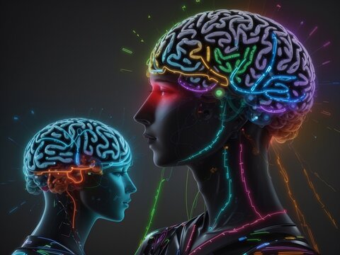 images that creatively depict the symptoms of dyslexia through a representation of the human brain illuminated by neon-colored signals.