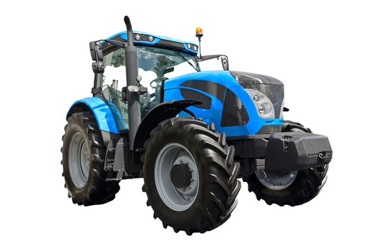 Big blue agricultural tractor, front view