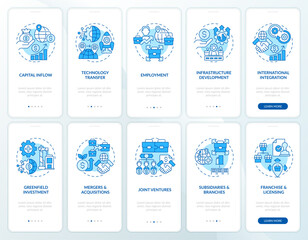 2D blue icons representing foreign direct investment mobile app screen set. Walkthrough 5 steps colorful graphic instructions with linear concepts, UI, UX, GUI template.
