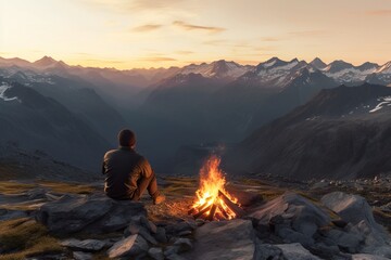 Fototapeta premium a man by the fire looks at the sunset in the mountains