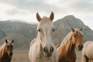 Portrait of horses standing against by mountain against sky. 