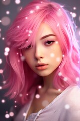 Fototapeta premium Modern girl teenager with pink and white hair and bright makeup with stickers and decorative adhesive plaster on the face. Anime style. 