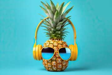 Fashion pineapple sunglasses and headphones listens to music on smartphone over blue background. 