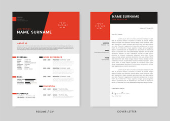 Minimalist CV Resume and Cover Letter Design Template. Curriculum Vitae Clean and Clear Professional Modern Design. Stylish Minimalist Elements and Icons with red, and black Colors - Vector Template.