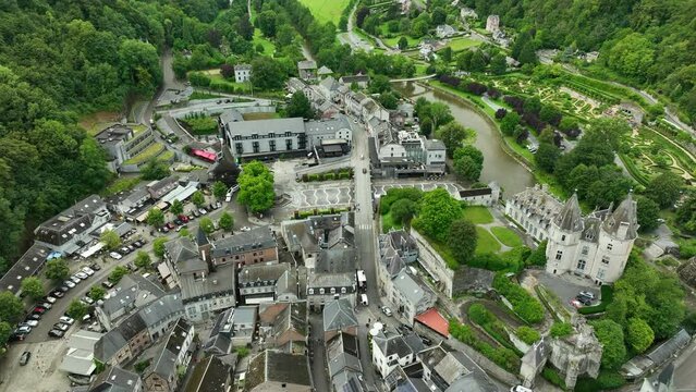 Top view over city of Durbuy in Belgium and its castle on Ourthe river bank
