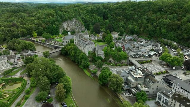 Aerial arc shot above Durbuy, one of the smallest cities in the world, Belgium