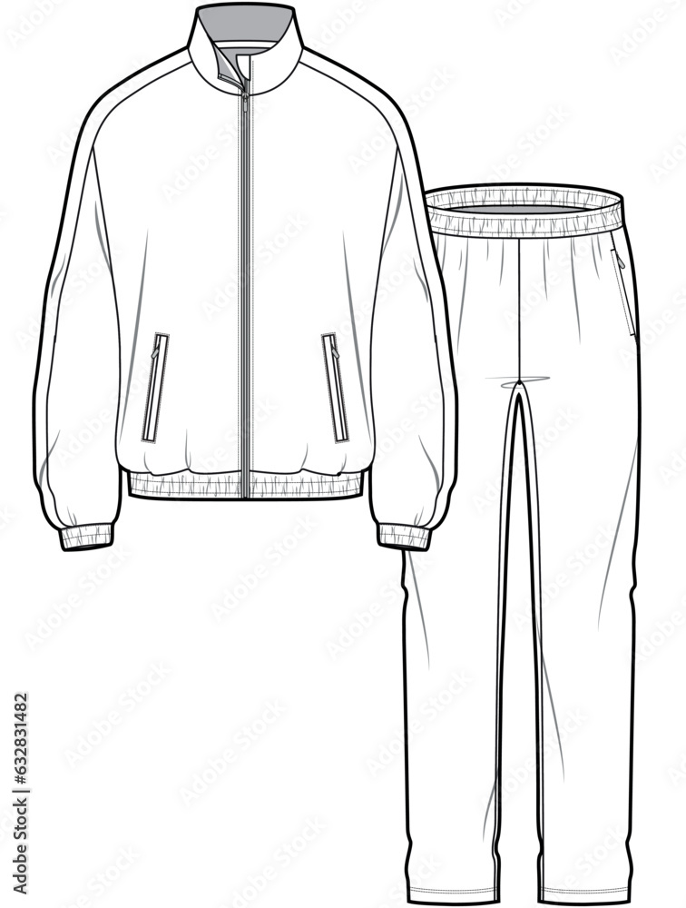 Sticker training tracksuit full zip long sleeve jacket and pants running jogging athletic sports wear set flat sketch vector illustration technical cad drawing template - Stickers