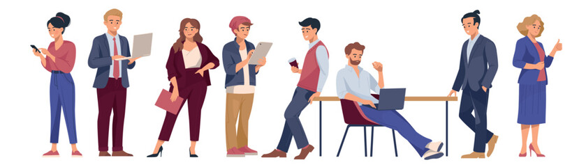 People at work. Business people. Men and women in business suits. Set of images of people for business design. Solving work issues. office life. Vector image.