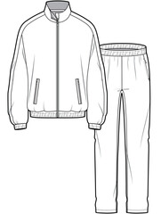 training tracksuit full zip long sleeve jacket and pants running jogging athletic sports wear set flat sketch vector illustration technical cad drawing template