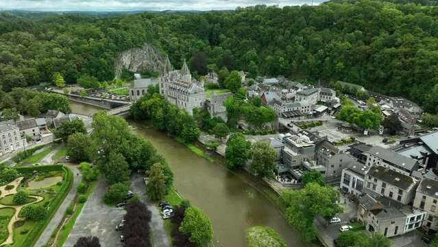 Aerial toward quaint Durbuy Castle on bank of Ourthe River, Belgium