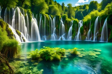 Exotic waterfall and lake panorama landscape of Plitvice Lakes, UNESCO natural world heritage in Croatia.  generative ai technology
