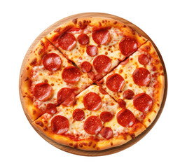 Pepperoni pizza divided on four parts on cutting board isolated on transparent background, top view