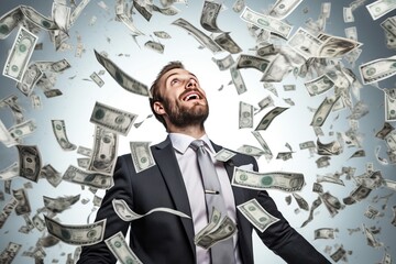 Man with cash falling from the sky, generative ai