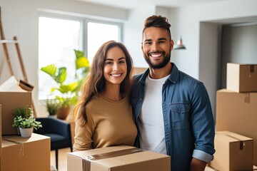 Portrait Of Happy Young Couple Standing In New Flat, Cheerful Guy And Lady Posing Hugging After Moving In Own Apartment. Insurance, Real Estate, Mortgage Concept