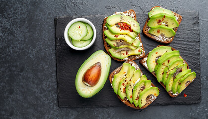 Sandwiches with avocado and spices on a black stone background, top view