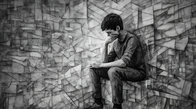 Black and white drawing of a man sitting in tormented contemplation, surrounded by a jagged torn texture