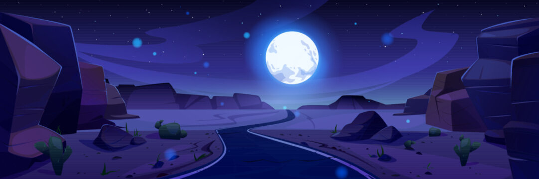 Night grand canyon full moon cartoon landscape. National usa park with mountain and rock cliff in sand desert wilderness environment vector background scene. Amazing midnight valley with cactus
